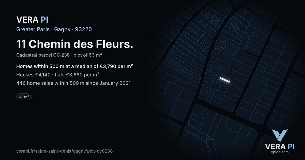 11 Chemin des Fleurs, Gagny at night – the plot lit, the parcels around coloured by the prices near them