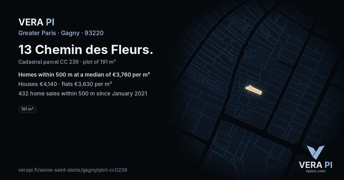 13 Chemin des Fleurs, Gagny at night – the plot lit, the parcels around coloured by the prices near them