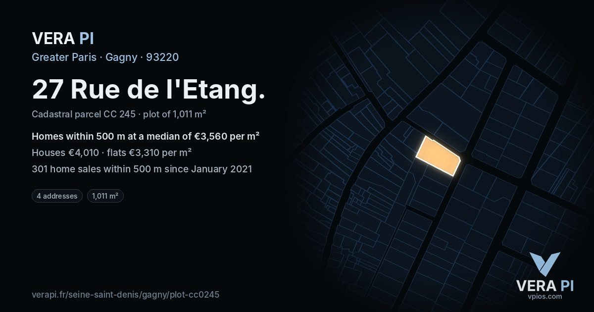 27 Rue de l'Etang, Gagny at night – the plot lit, the parcels around coloured by the prices near them