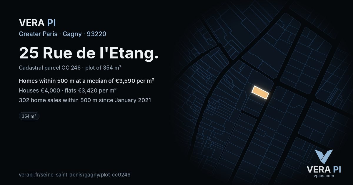 25 Rue de l'Etang, Gagny at night – the plot lit, the parcels around coloured by the prices near them