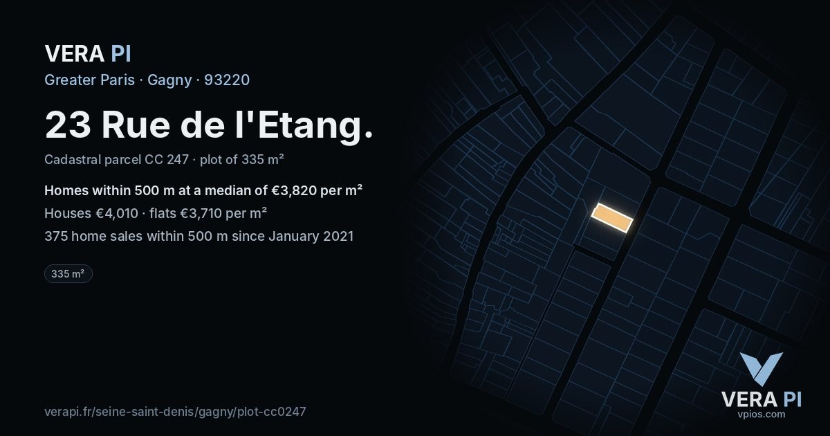 23 Rue de l'Etang, Gagny at night – the plot lit, the parcels around coloured by the prices near them