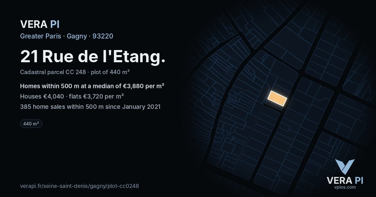 21 Rue de l'Etang, Gagny at night – the plot lit, the parcels around coloured by the prices near them