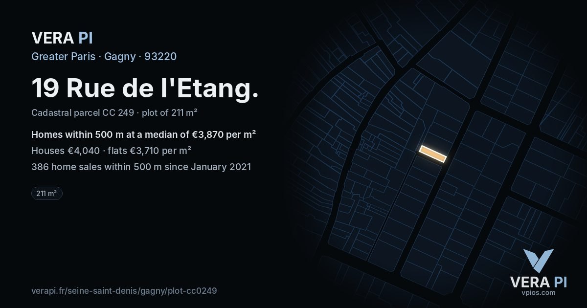 19 Rue de l'Etang, Gagny at night – the plot lit, the parcels around coloured by the prices near them