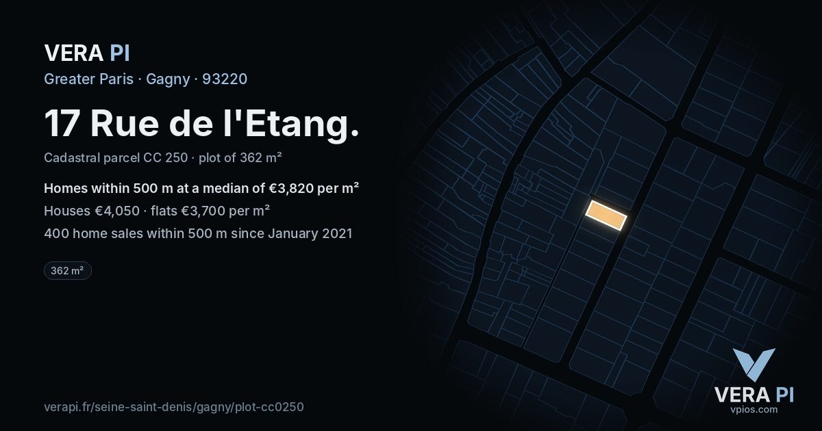 17 Rue de l'Etang, Gagny at night – the plot lit, the parcels around coloured by the prices near them