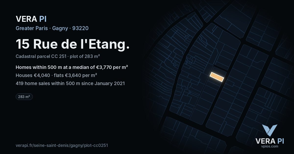 15 Rue de l'Etang, Gagny at night – the plot lit, the parcels around coloured by the prices near them