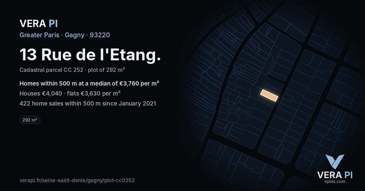 13 Rue de l'Etang, Gagny at night – the plot lit, the parcels around coloured by the prices near them