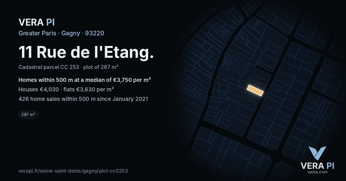 11 Rue de l'Etang, Gagny at night – the plot lit, the parcels around coloured by the prices near them