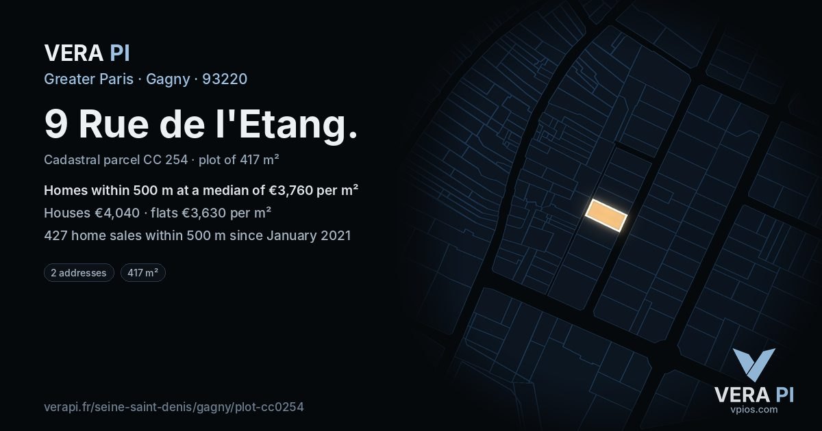 9 Rue de l'Etang, Gagny at night – the plot lit, the parcels around coloured by the prices near them