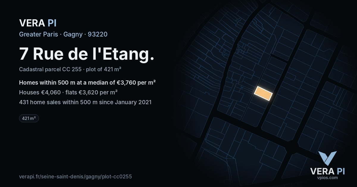 7 Rue de l'Etang, Gagny at night – the plot lit, the parcels around coloured by the prices near them