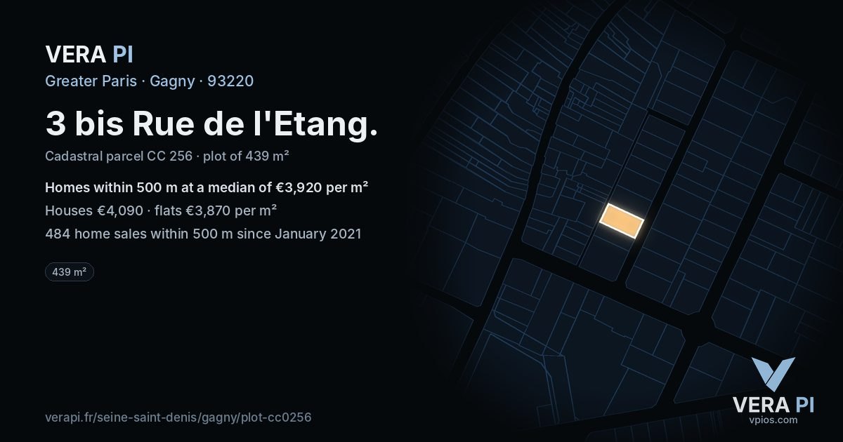 3 bis Rue de l'Etang, Gagny at night – the plot lit, the parcels around coloured by the prices near them