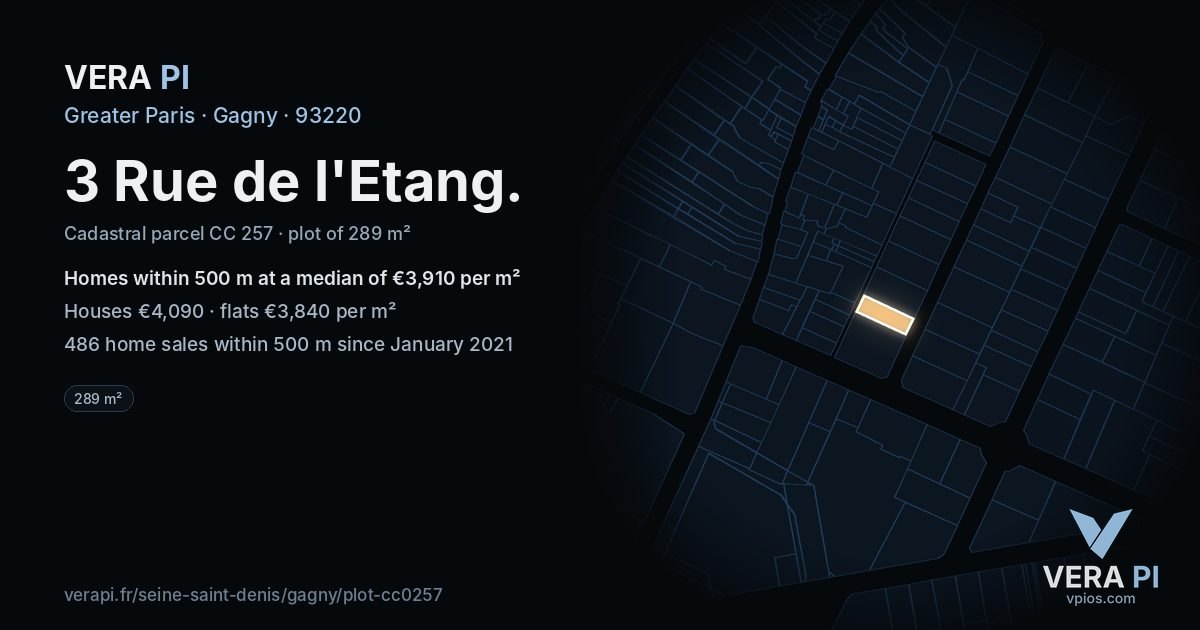 3 Rue de l'Etang, Gagny at night – the plot lit, the parcels around coloured by the prices near them