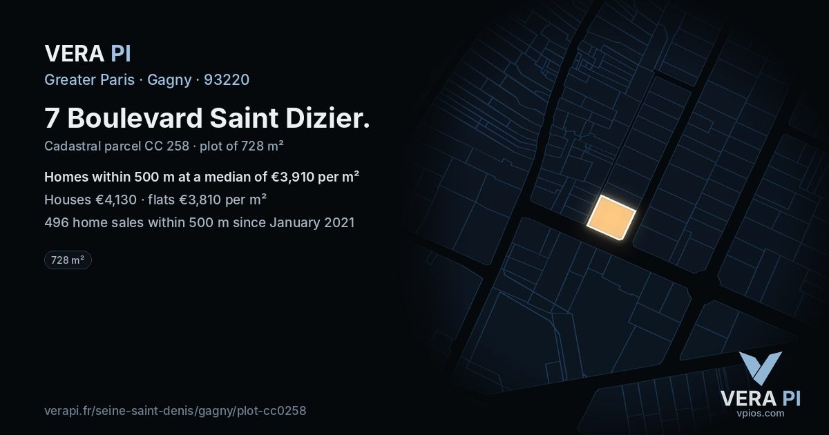 7 Boulevard Saint Dizier, Gagny at night – the plot lit, the parcels around coloured by the prices near them