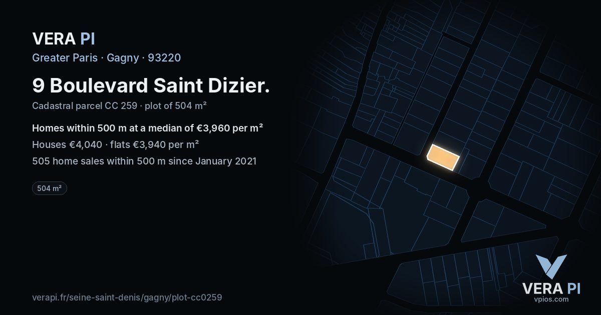 9 Boulevard Saint Dizier, Gagny at night – the plot lit, the parcels around coloured by the prices near them
