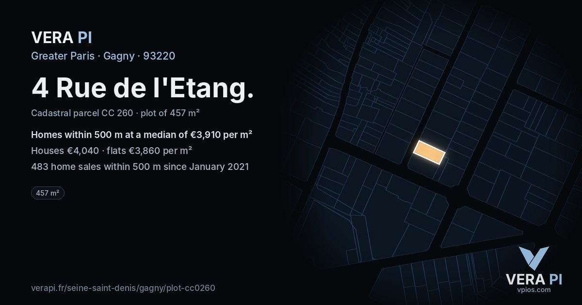 4 Rue de l'Etang, Gagny at night – the plot lit, the parcels around coloured by the prices near them