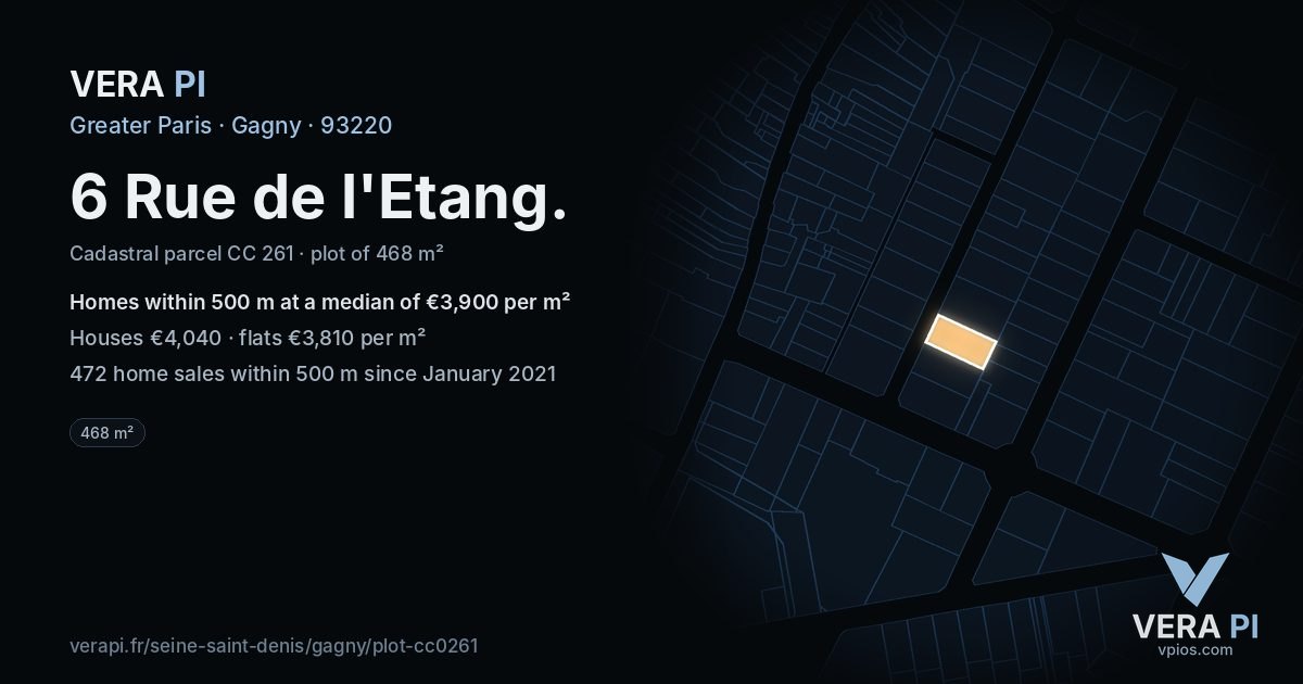 6 Rue de l'Etang, Gagny at night – the plot lit, the parcels around coloured by the prices near them
