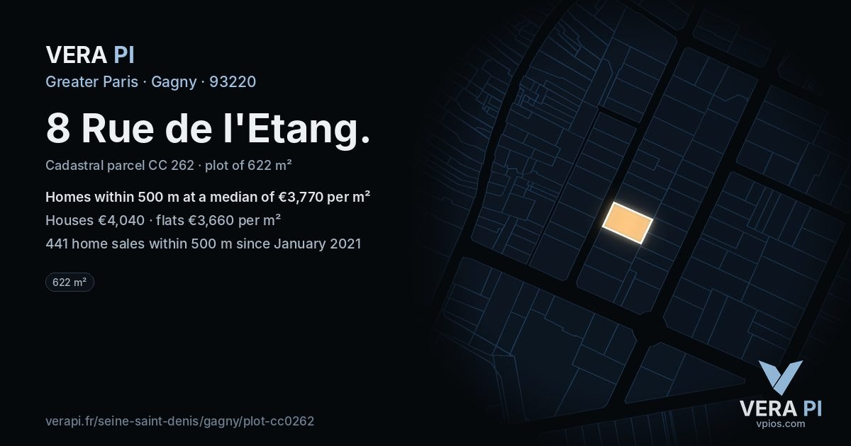 8 Rue de l'Etang, Gagny at night – the plot lit, the parcels around coloured by the prices near them