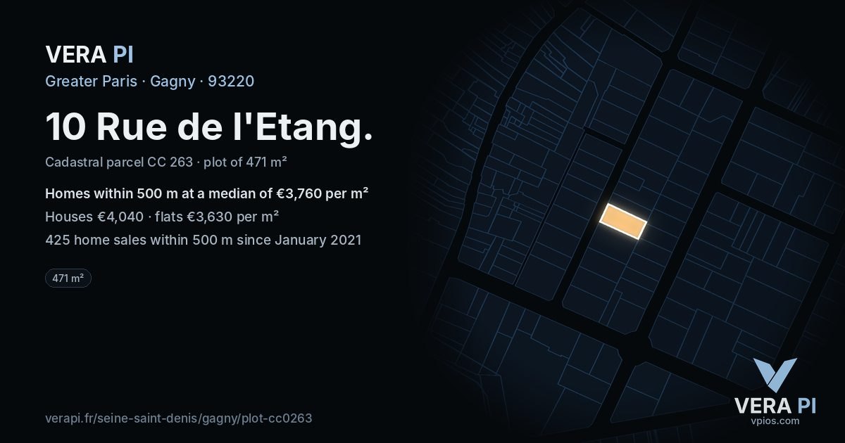 10 Rue de l'Etang, Gagny at night – the plot lit, the parcels around coloured by the prices near them