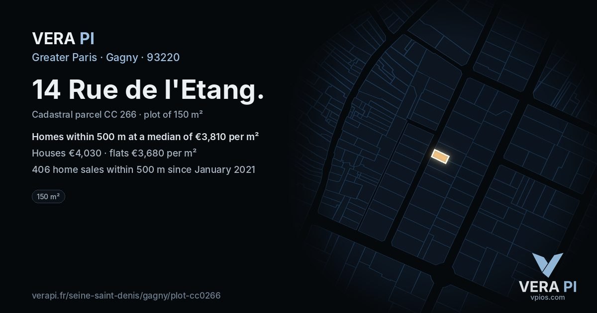 14 Rue de l'Etang, Gagny at night – the plot lit, the parcels around coloured by the prices near them