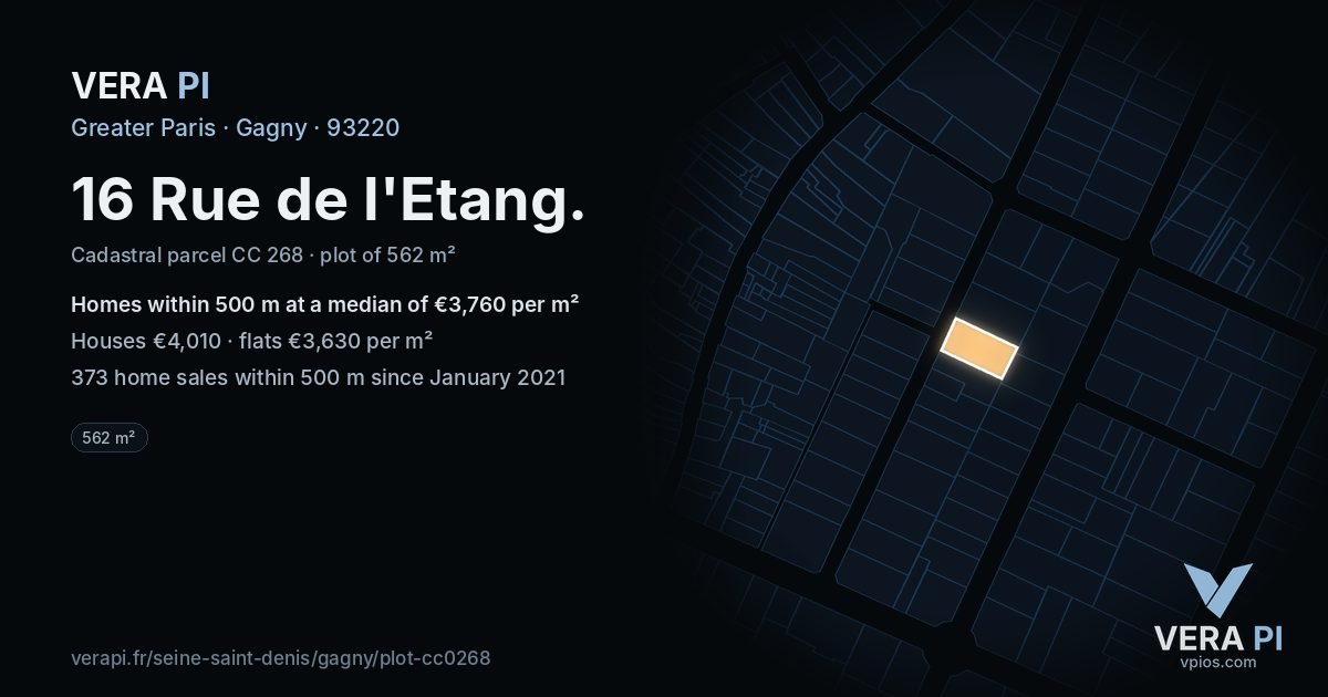 16 Rue de l'Etang, Gagny at night – the plot lit, the parcels around coloured by the prices near them