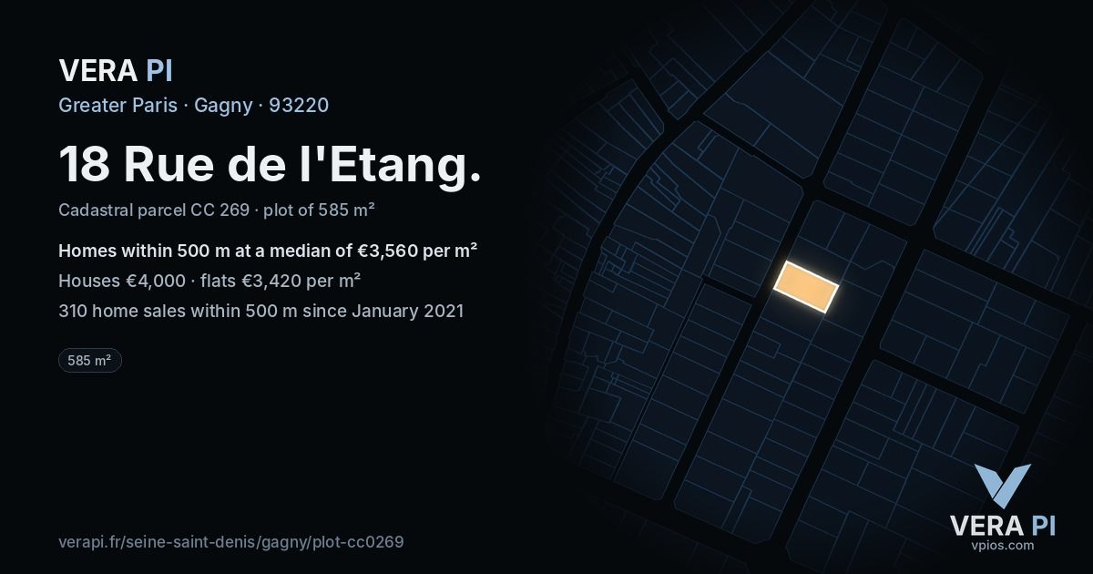 18 Rue de l'Etang, Gagny at night – the plot lit, the parcels around coloured by the prices near them