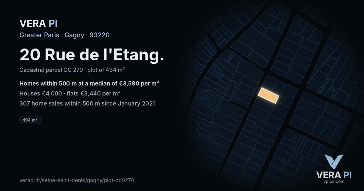 20 Rue de l'Etang, Gagny at night – the plot lit, the parcels around coloured by the prices near them