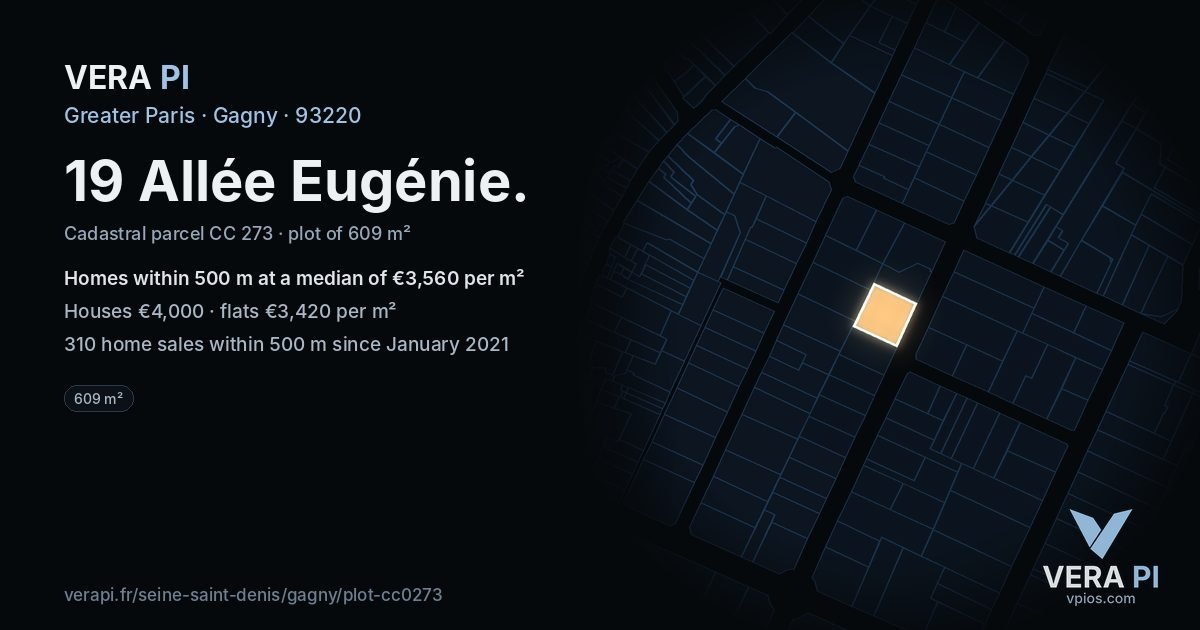 19 Allée Eugénie, Gagny at night – the plot lit, the parcels around coloured by the prices near them