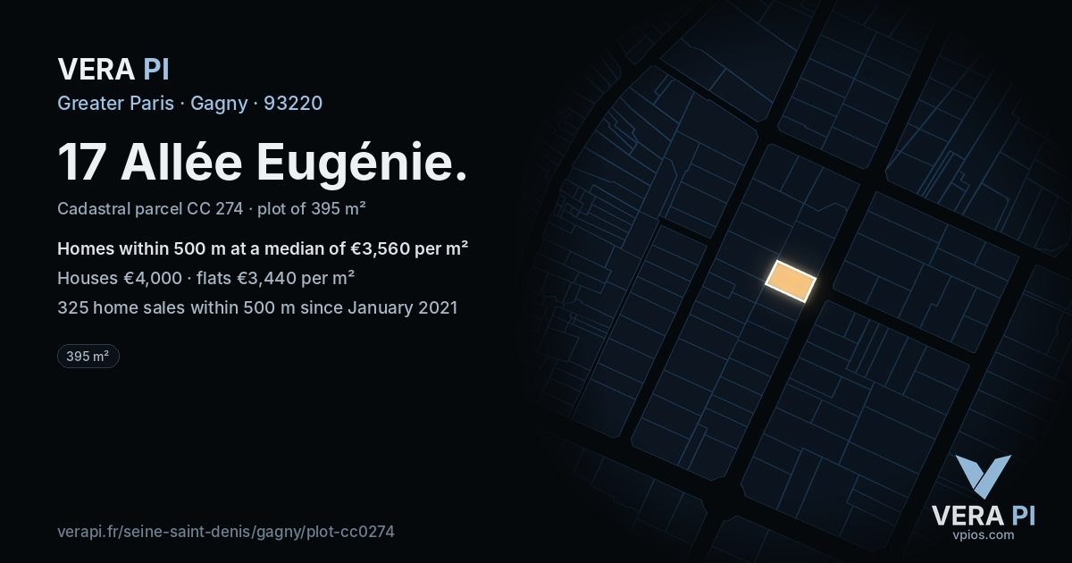 17 Allée Eugénie, Gagny at night – the plot lit, the parcels around coloured by the prices near them