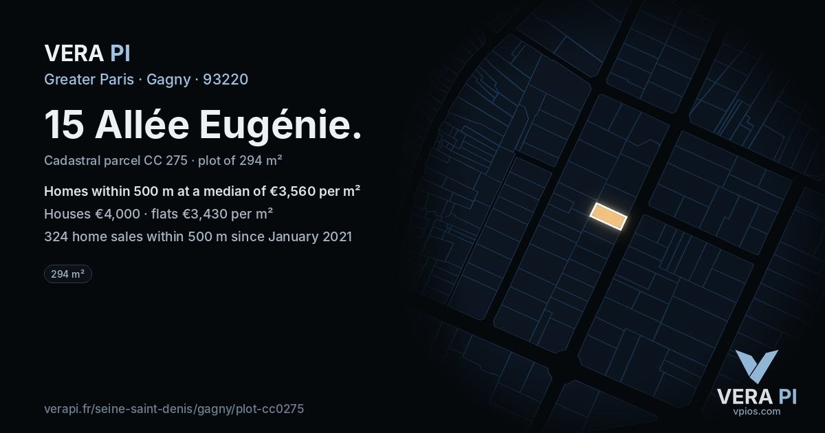 15 Allée Eugénie, Gagny at night – the plot lit, the parcels around coloured by the prices near them