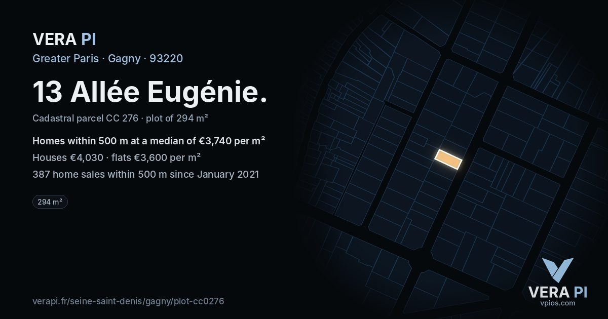 13 Allée Eugénie, Gagny at night – the plot lit, the parcels around coloured by the prices near them