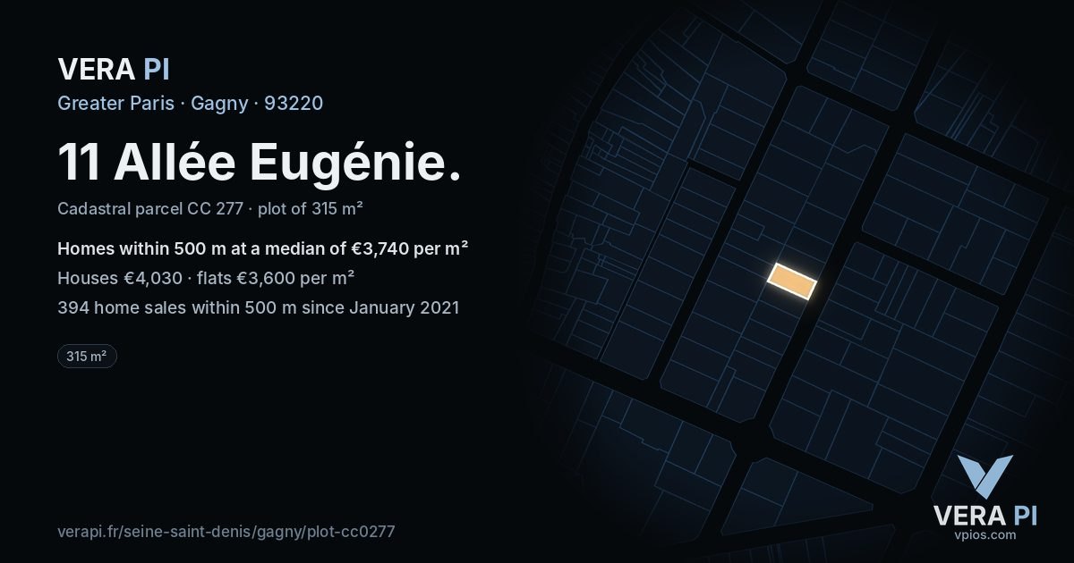 11 Allée Eugénie, Gagny at night – the plot lit, the parcels around coloured by the prices near them