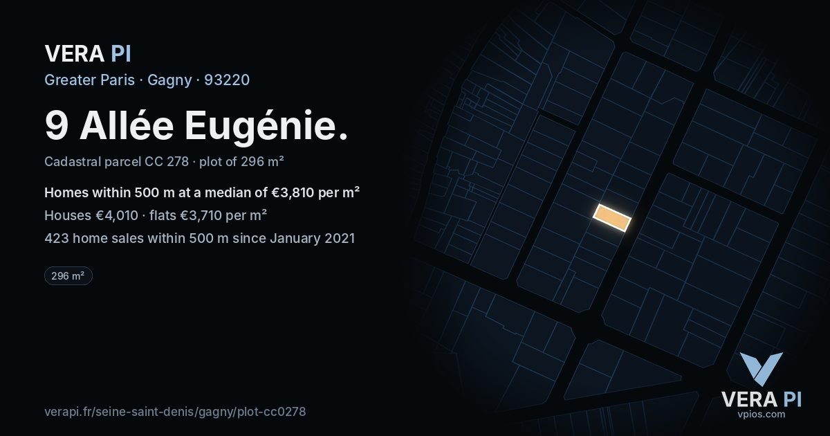 9 Allée Eugénie, Gagny at night – the plot lit, the parcels around coloured by the prices near them