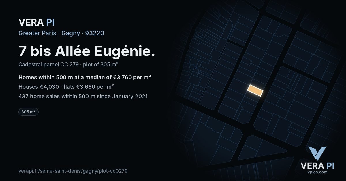 7 bis Allée Eugénie, Gagny at night – the plot lit, the parcels around coloured by the prices near them