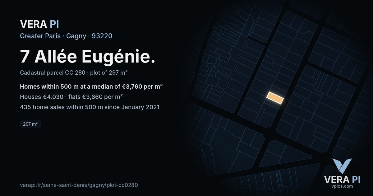 7 Allée Eugénie, Gagny at night – the plot lit, the parcels around coloured by the prices near them