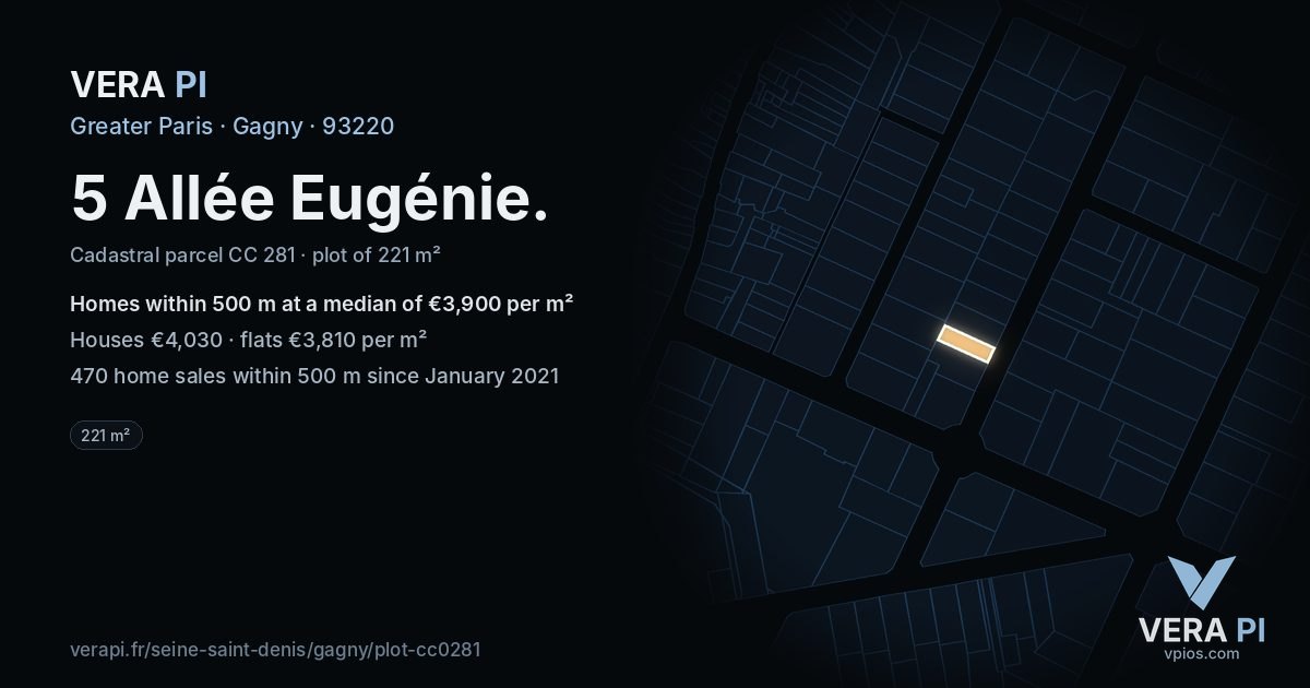5 Allée Eugénie, Gagny at night – the plot lit, the parcels around coloured by the prices near them