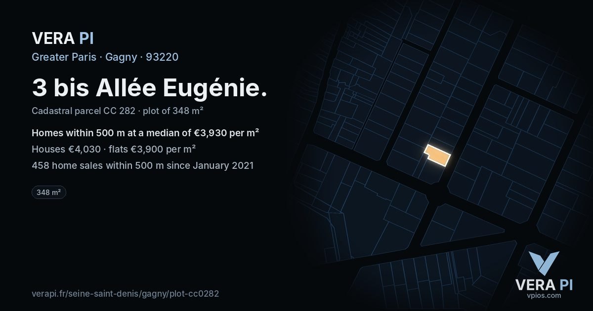 3 bis Allée Eugénie, Gagny at night – the plot lit, the parcels around coloured by the prices near them