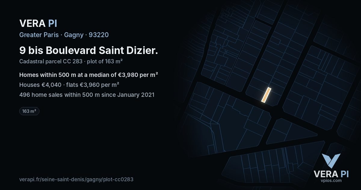 9 bis Boulevard Saint Dizier, Gagny at night – the plot lit, the parcels around coloured by the prices near them
