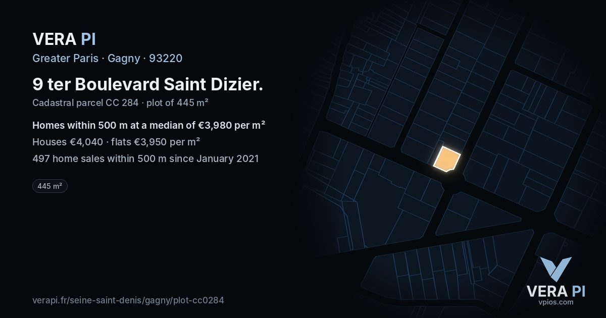 9 ter Boulevard Saint Dizier, Gagny at night – the plot lit, the parcels around coloured by the prices near them
