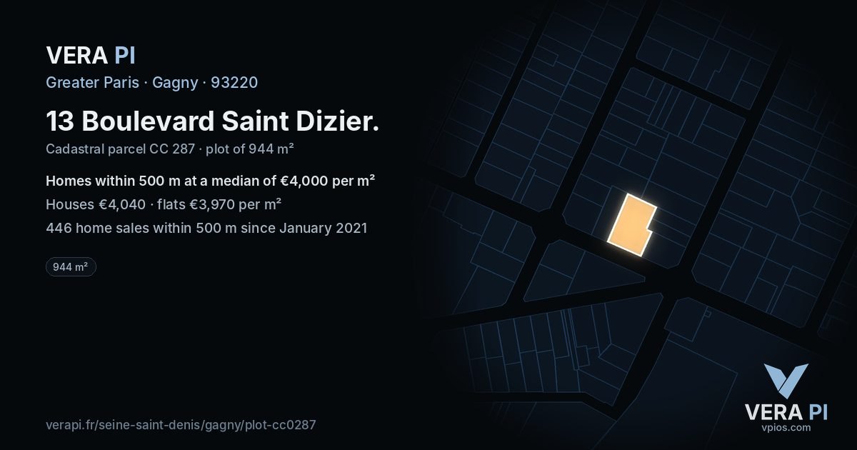 13 Boulevard Saint Dizier, Gagny at night – the plot lit, the parcels around coloured by the prices near them