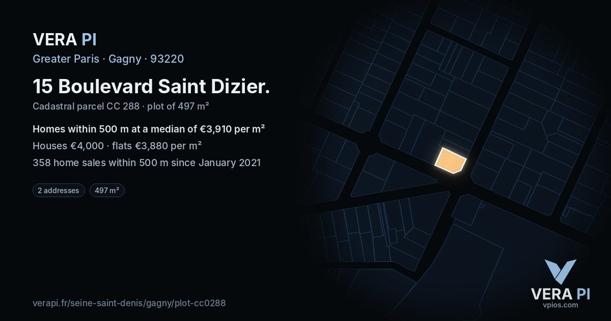 15 Boulevard Saint Dizier, Gagny at night – the plot lit, the parcels around coloured by the prices near them