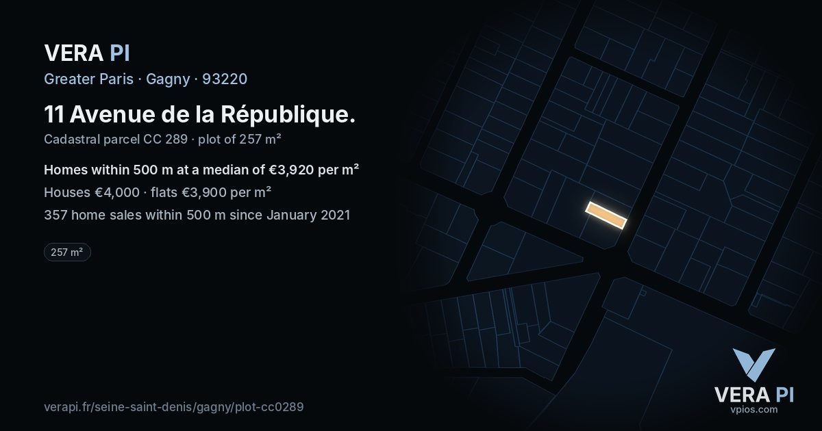 11 Avenue de la République, Gagny at night – the plot lit, the parcels around coloured by the prices near them