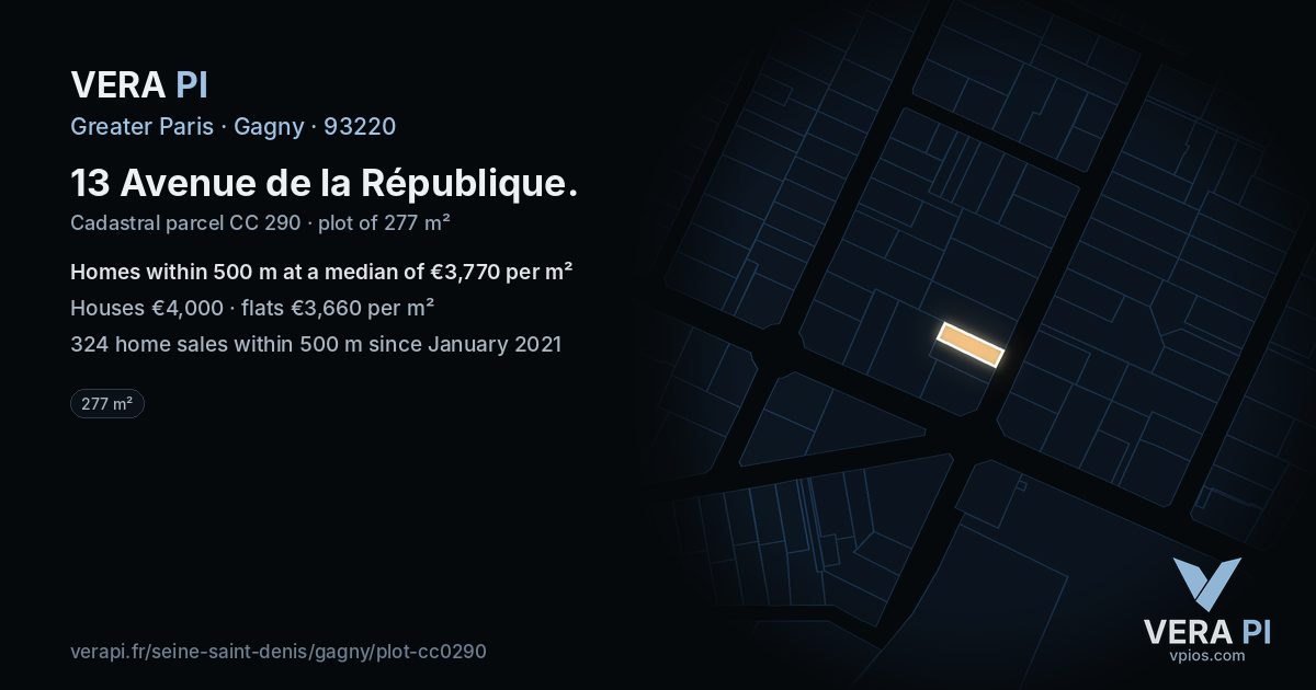 13 Avenue de la République, Gagny at night – the plot lit, the parcels around coloured by the prices near them