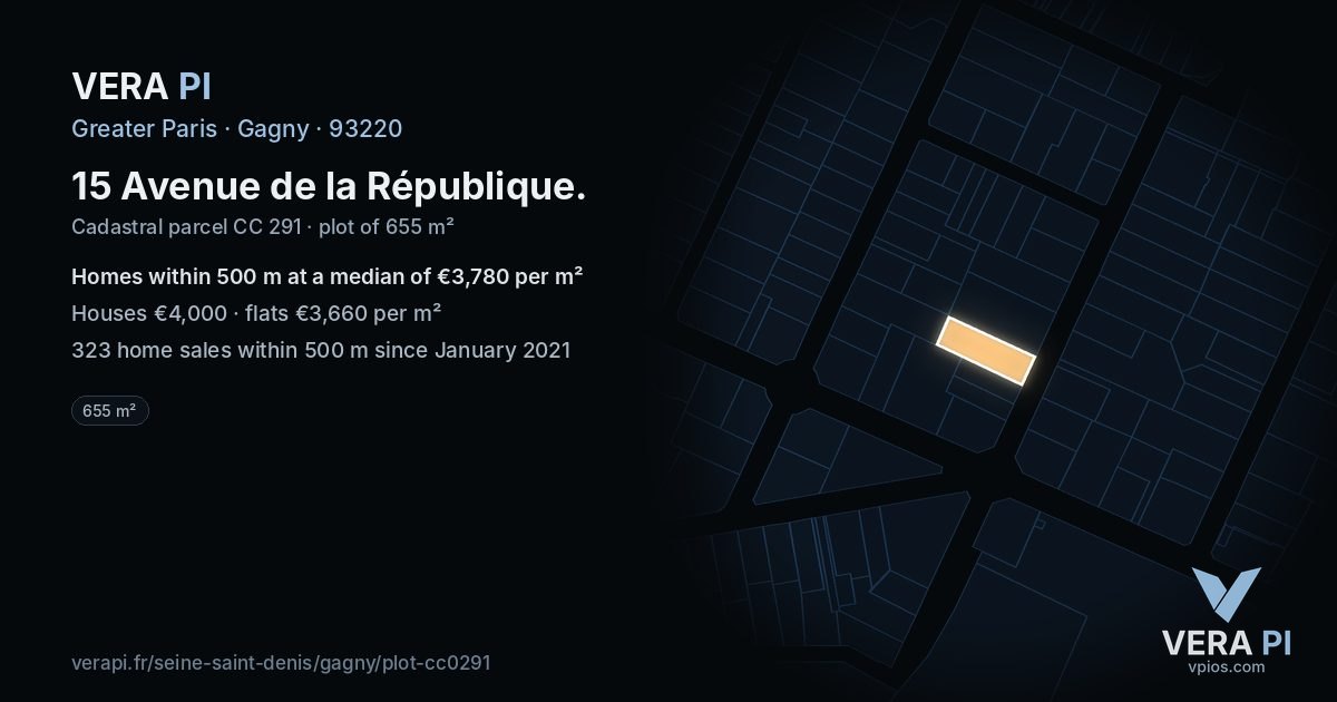 15 Avenue de la République, Gagny at night – the plot lit, the parcels around coloured by the prices near them