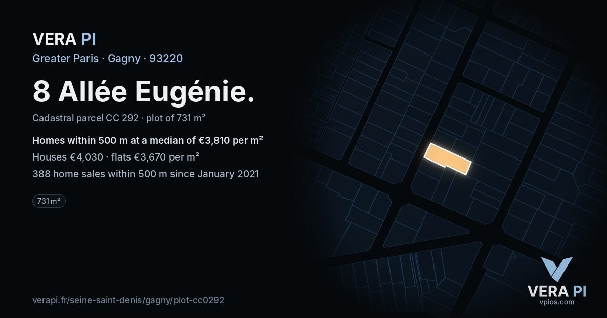 8 Allée Eugénie, Gagny at night – the plot lit, the parcels around coloured by the prices near them