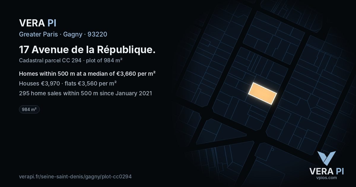 17 Avenue de la République, Gagny at night – the plot lit, the parcels around coloured by the prices near them