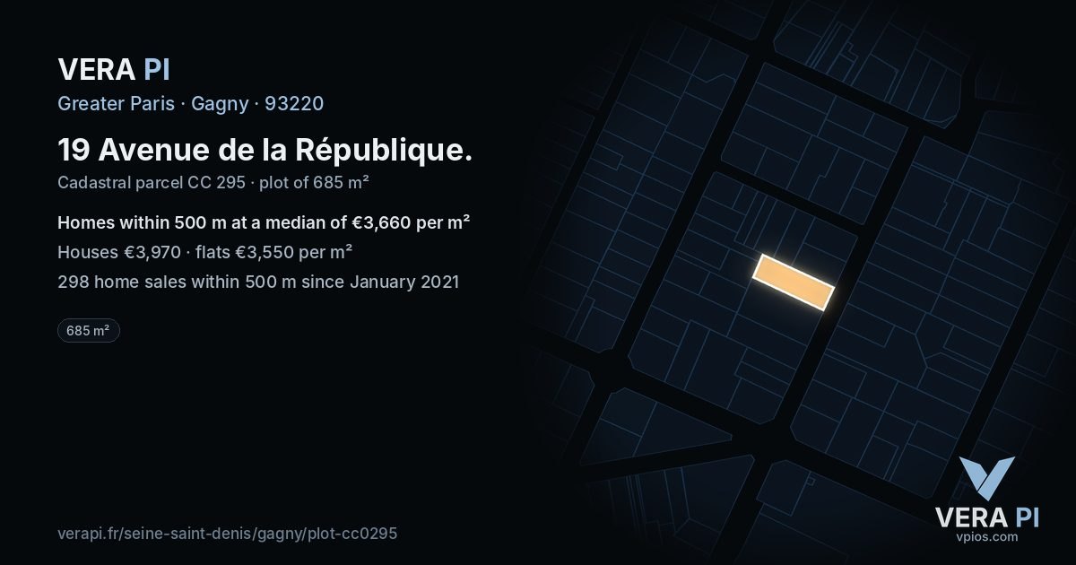 19 Avenue de la République, Gagny at night – the plot lit, the parcels around coloured by the prices near them
