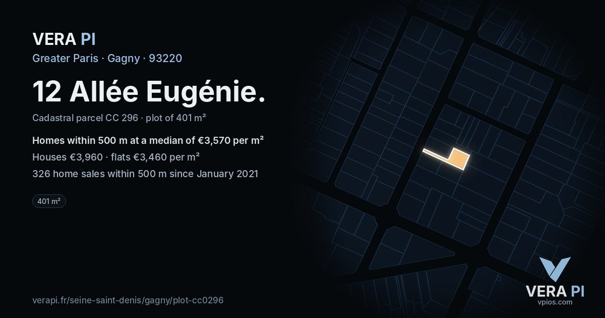12 Allée Eugénie, Gagny at night – the plot lit, the parcels around coloured by the prices near them