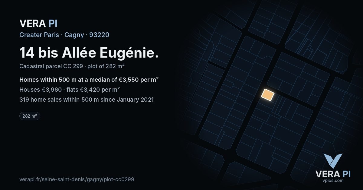 14 bis Allée Eugénie, Gagny at night – the plot lit, the parcels around coloured by the prices near them