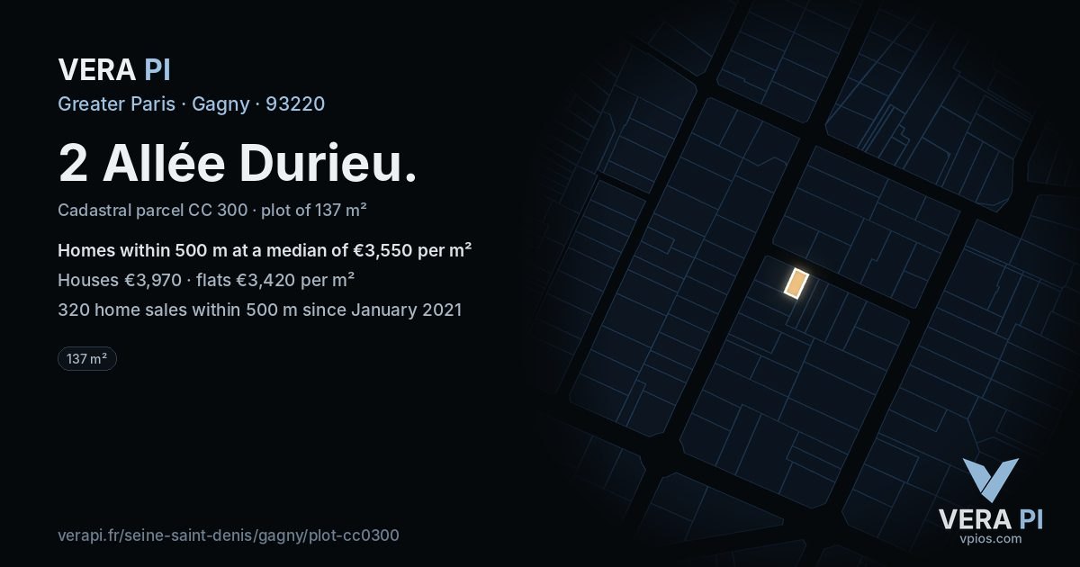 2 Allée Durieu, Gagny at night – the plot lit, the parcels around coloured by the prices near them