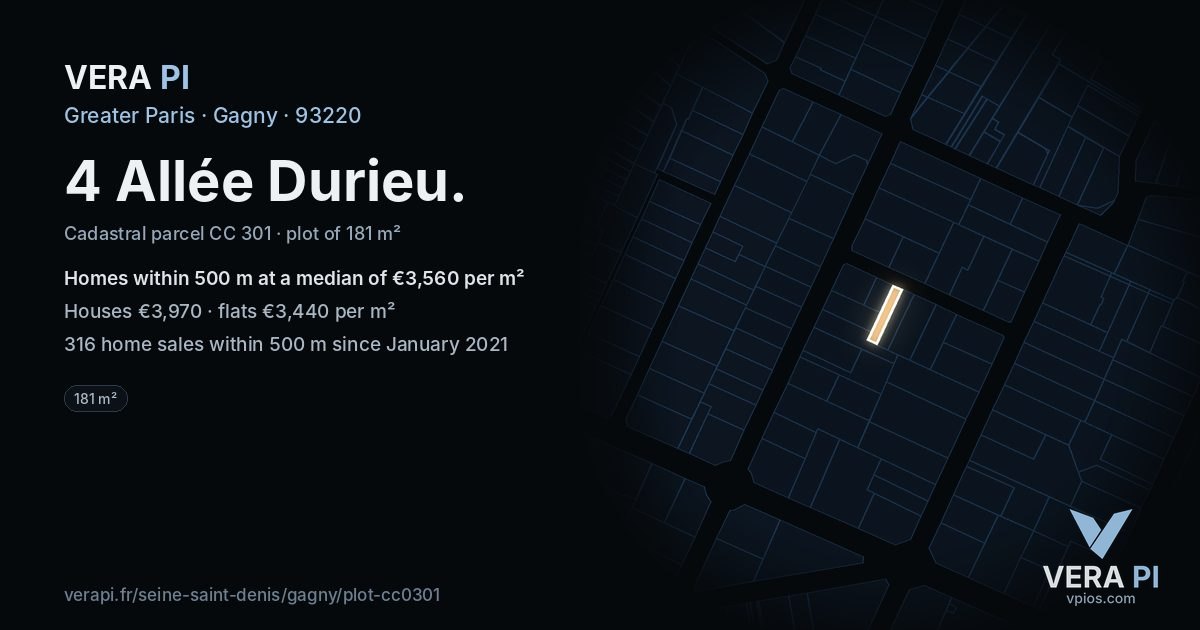 4 Allée Durieu, Gagny at night – the plot lit, the parcels around coloured by the prices near them