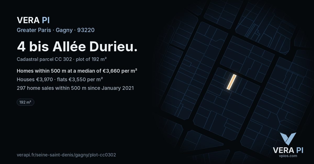 4 bis Allée Durieu, Gagny at night – the plot lit, the parcels around coloured by the prices near them